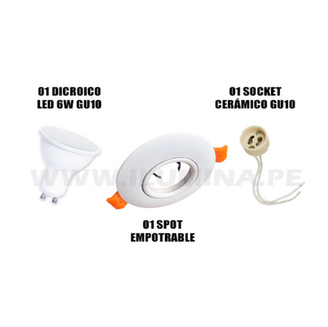 SET COMPLETO - SPOT EMPOTRABLE ICORP-2040WH CON DICROICO LED 6W LUZ CÁLIDA 3000K
