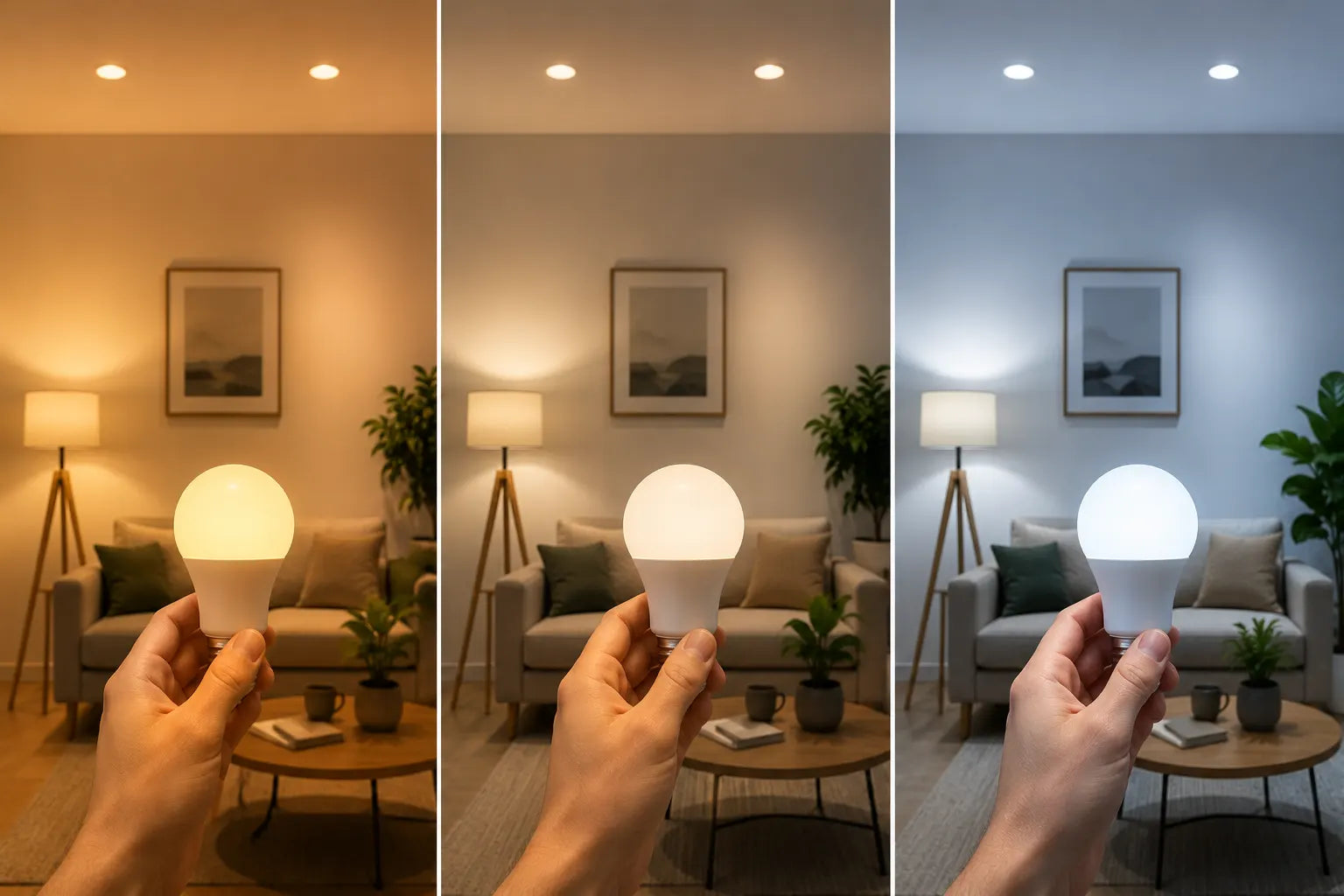 Comparación visual de tres bombillas LED con temperaturas de color 3000K, 4000K y 6500K iluminando el mismo ambiente para mostrar las diferencias entre luz cálida, neutra y fría.