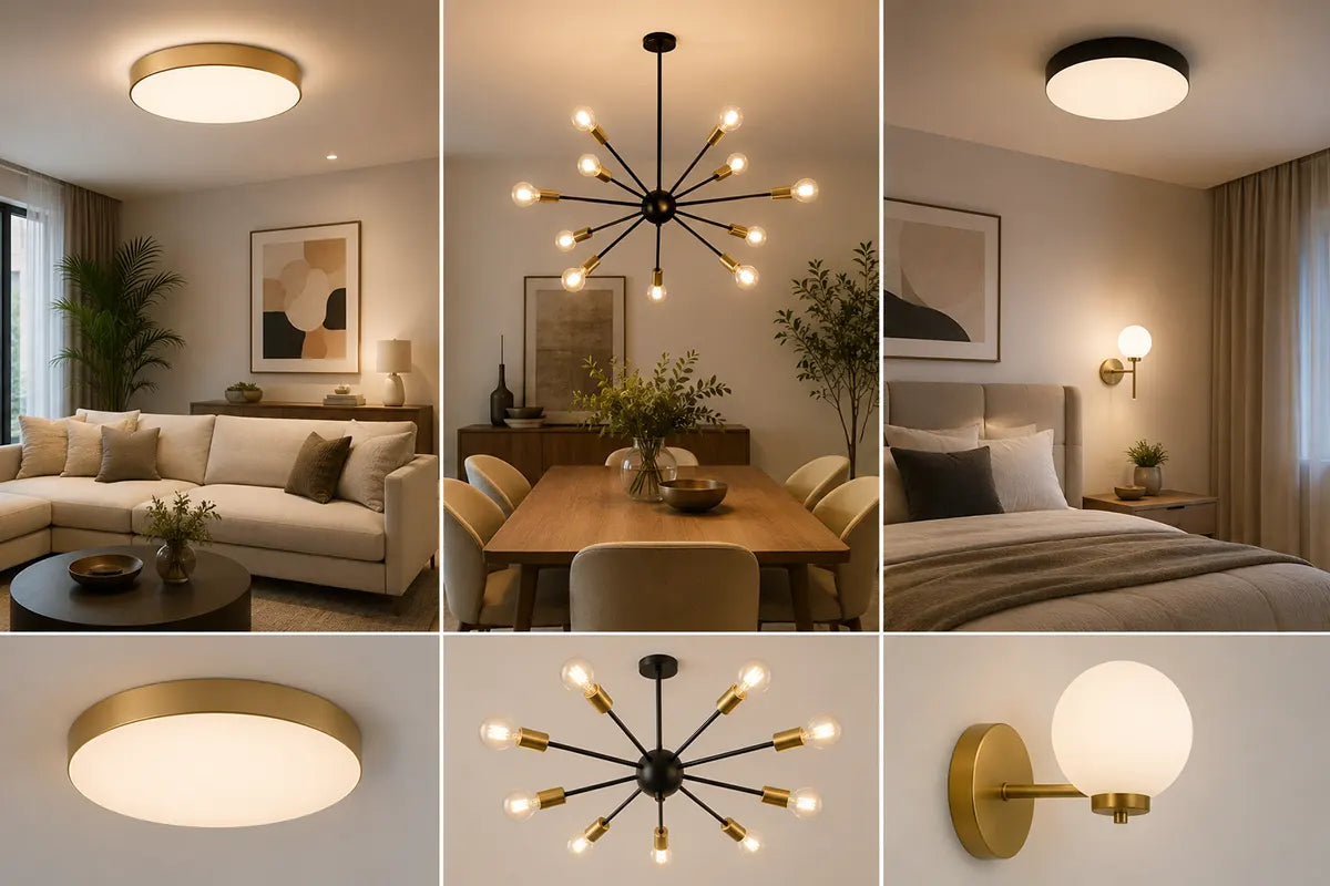 Sala, comedor y dormitorio modernos con diferentes tipos de iluminación decorativa, incluyendo plafones, apliques de pared y lámparas Sputnik.