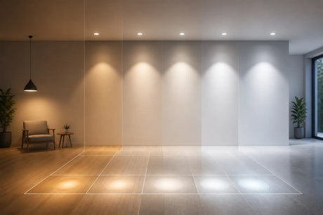 Render de un ambiente interior moderno con diferentes niveles de iluminación LED para ilustrar la cantidad de lúmenes por metro cuadrado según el espacio.