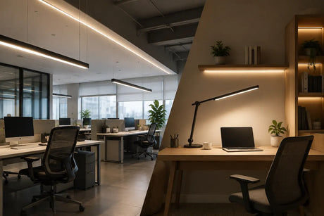 Oficina moderna y espacio de home office iluminados con luminarias LED para mejorar la iluminación y el confort visual