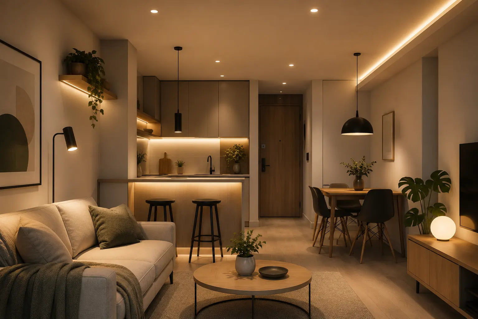 Sala y comedor de un departamento pequeño con iluminación LED cálida, luminarias modernas y diseño minimalista.