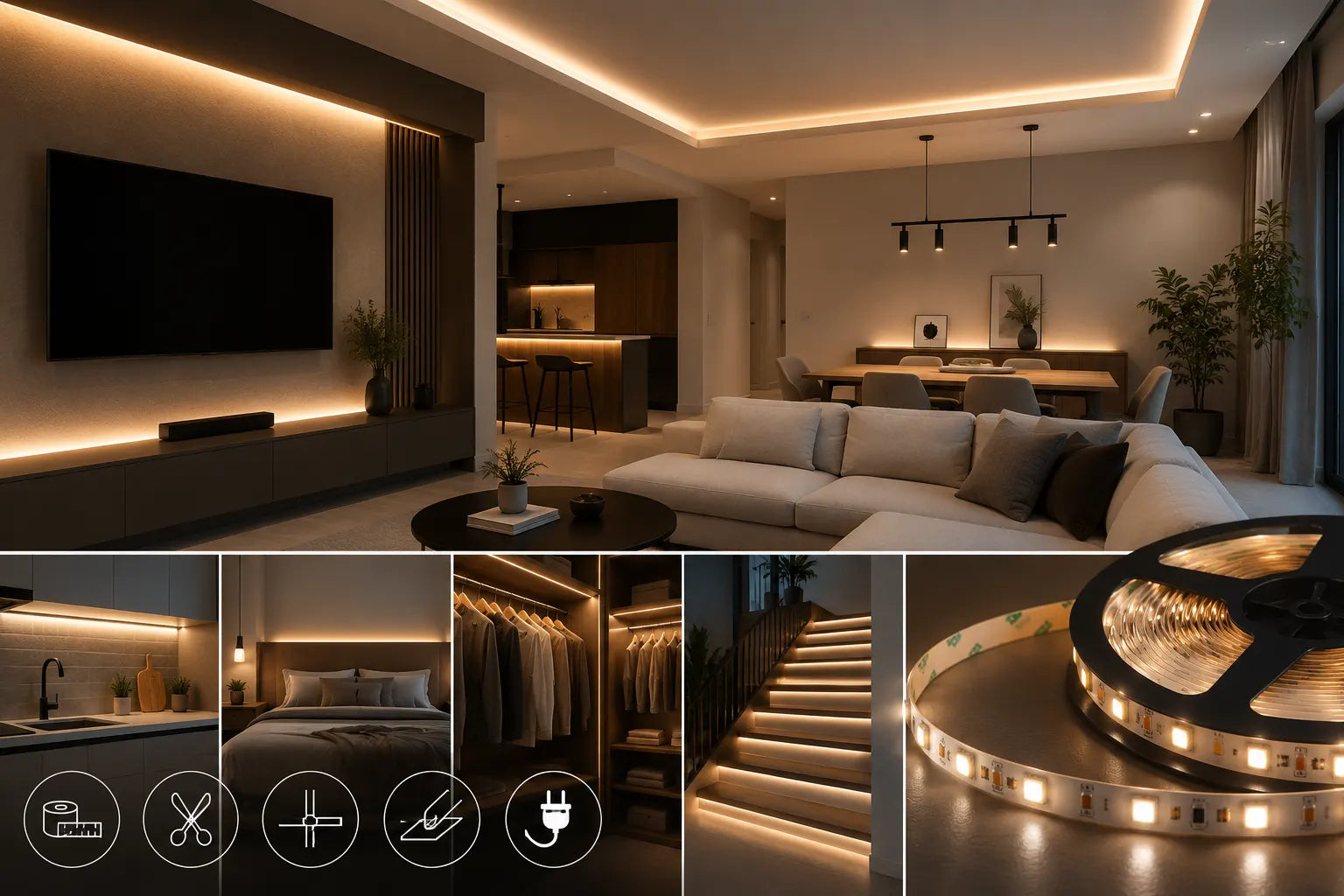Ejemplos de instalación de tiras LED en sala, cocina, dormitorio, clóset y escaleras, con iluminación cálida decorativa y rollo de tira LED