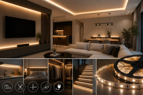 Ejemplos de instalación de tiras LED en sala, cocina, dormitorio, clóset y escaleras, con iluminación cálida decorativa y rollo de tira LED