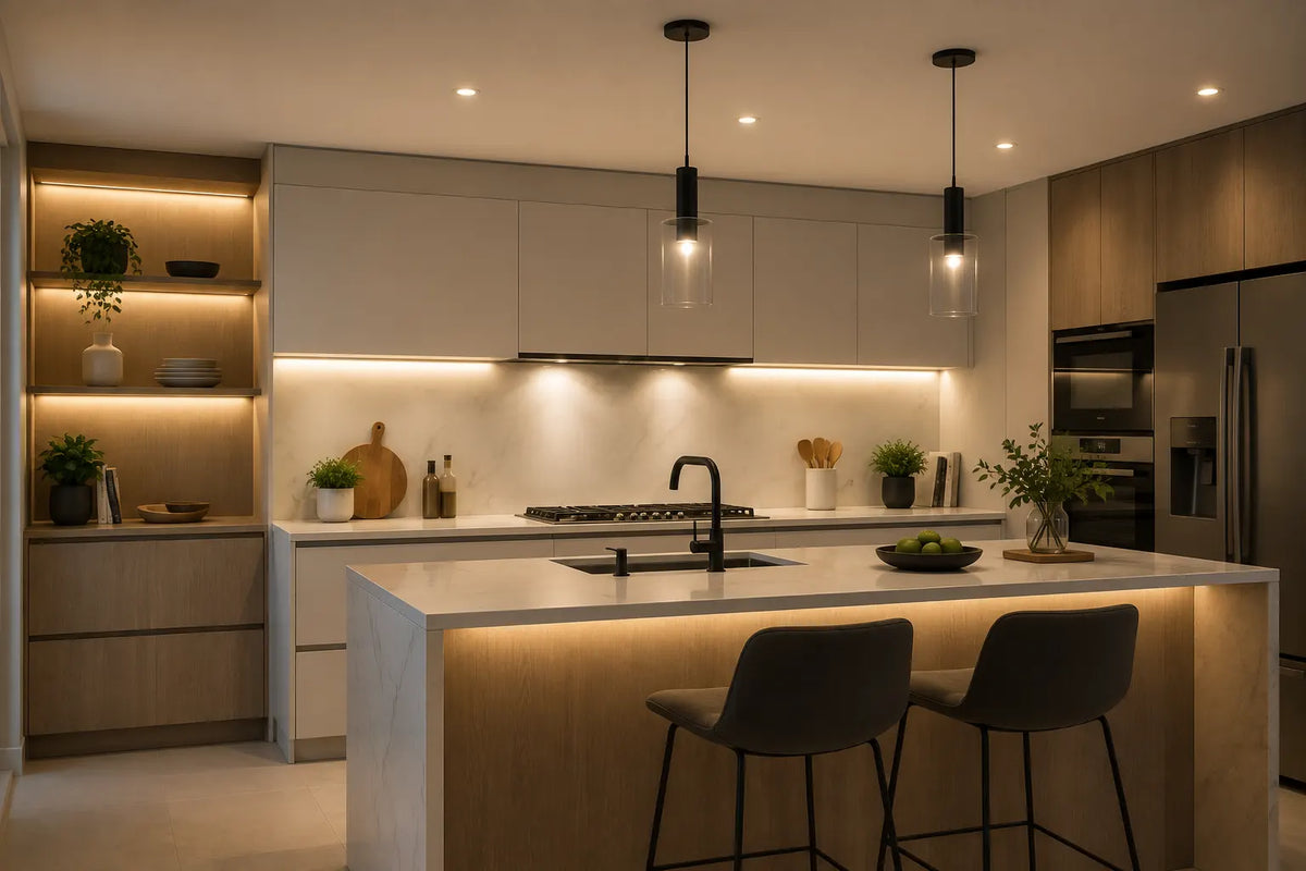 Cocina moderna con iluminación LED general en el techo, luz de trabajo bajo los muebles y luces decorativas en la isla y estanterías
