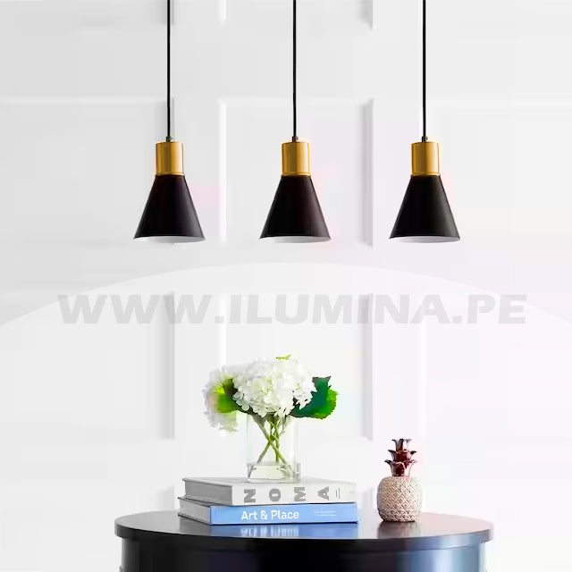 LÁMPARA COLGANTE DAKOTA TRÍO BLACK AND GOLD LED + FOCO LED 12W LUZ CÁLIDA