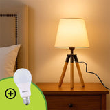LÁMPARA DE MESA DE MADERA TRÍPODE GRECIA + FOCO LED 12W LUZ CÁLIDA