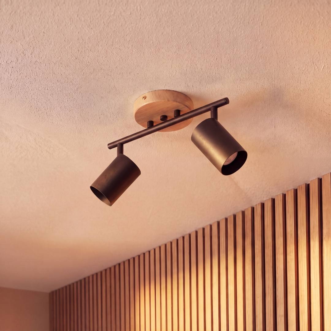 LÁMPARA DE TECHO/PARED 2 SPOTS ORIENTABLE DUETO BLACK & WOOD GU10 - SIN DICROICO