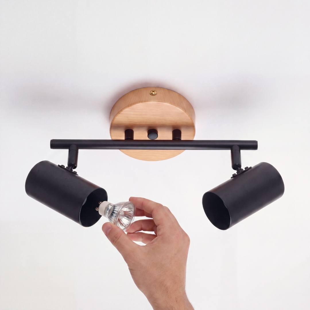 LÁMPARA DE TECHO/PARED 2 SPOTS ORIENTABLE DUETO BLACK & WOOD GU10 - SIN DICROICO