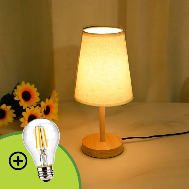 LÁMPARA DE MESA DE MADERA XIMENA WHITE AND WOOD + FOCO LED TRANSPARENTE A60 4W LUZ CÁLIDA
