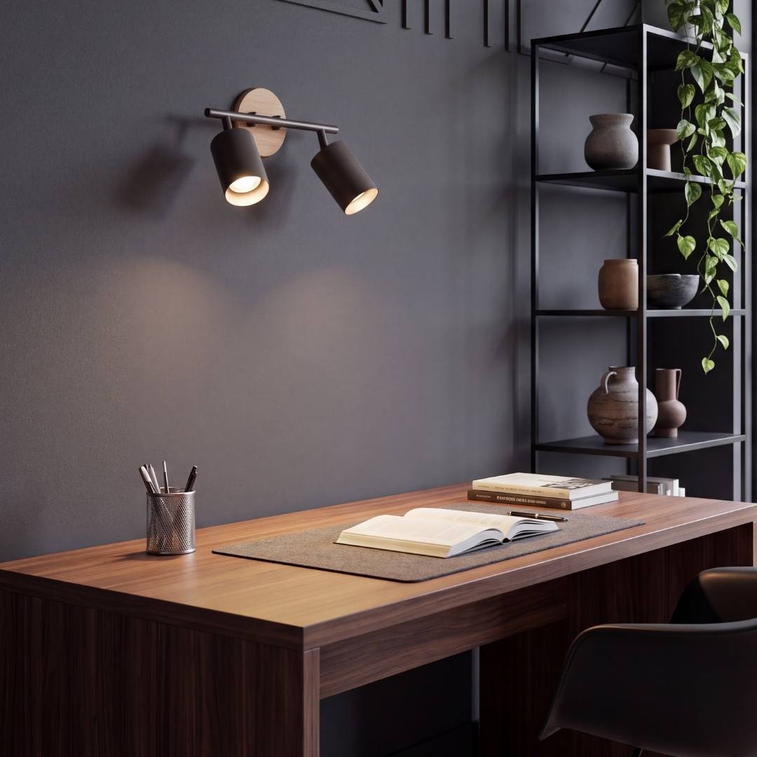 LÁMPARA DE TECHO/PARED 2 SPOTS ORIENTABLE DUETO BLACK & WOOD GU10 - SIN DICROICO