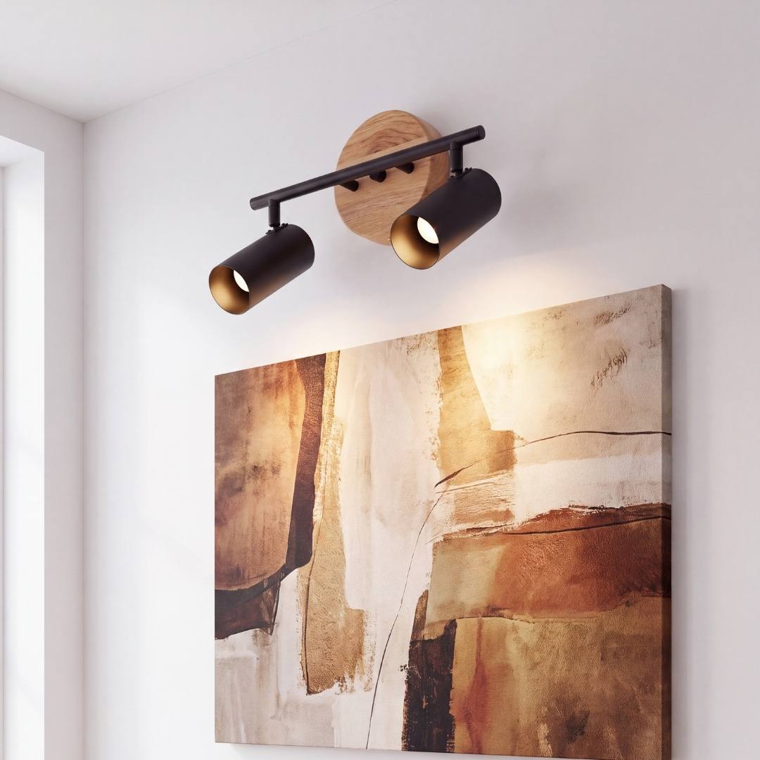 LÁMPARA DE TECHO/PARED 2 SPOTS ORIENTABLE DUETO BLACK & WOOD GU10 - SIN DICROICO