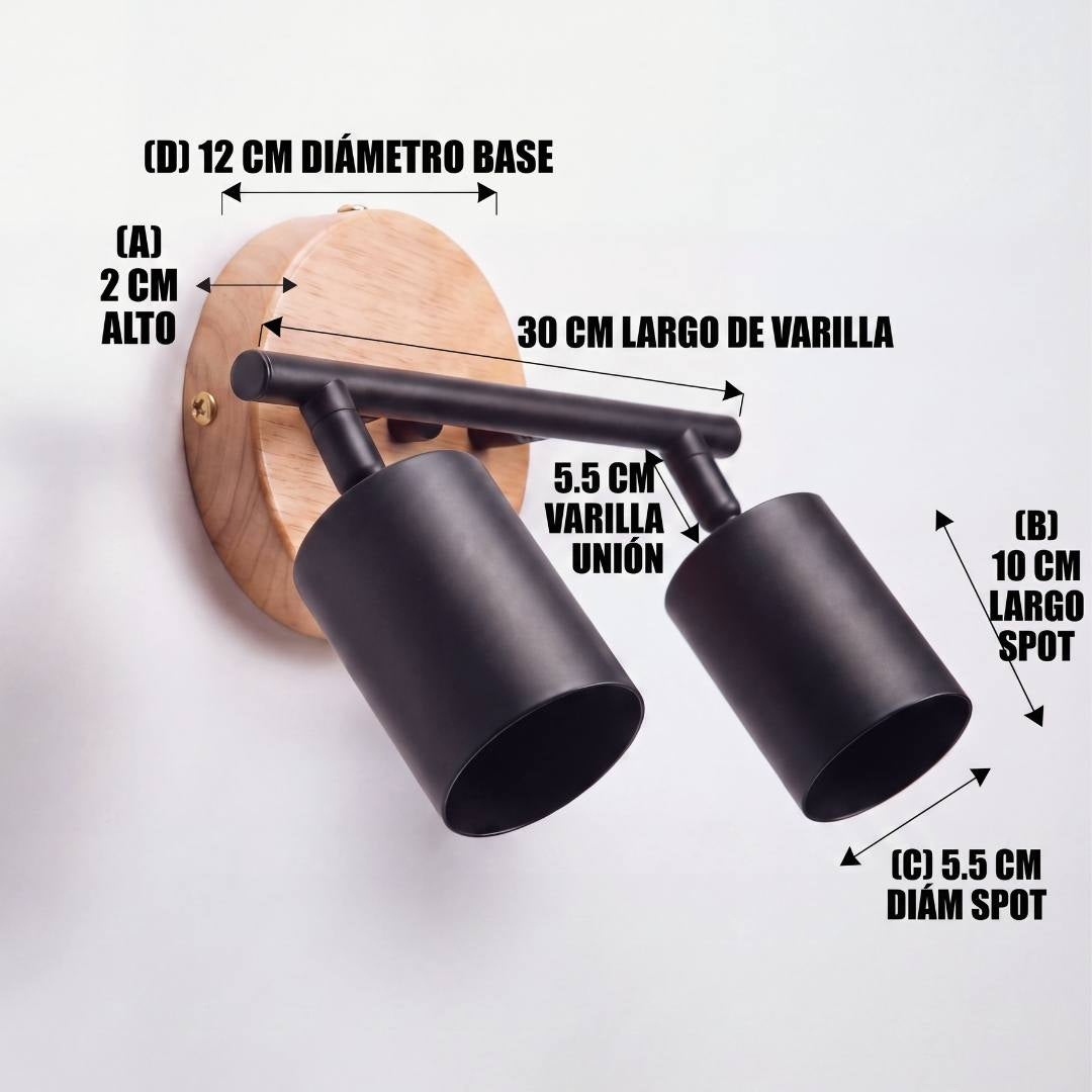 LÁMPARA DE TECHO/PARED 2 SPOTS ORIENTABLE DUETO BLACK & WOOD GU10 - SIN DICROICO