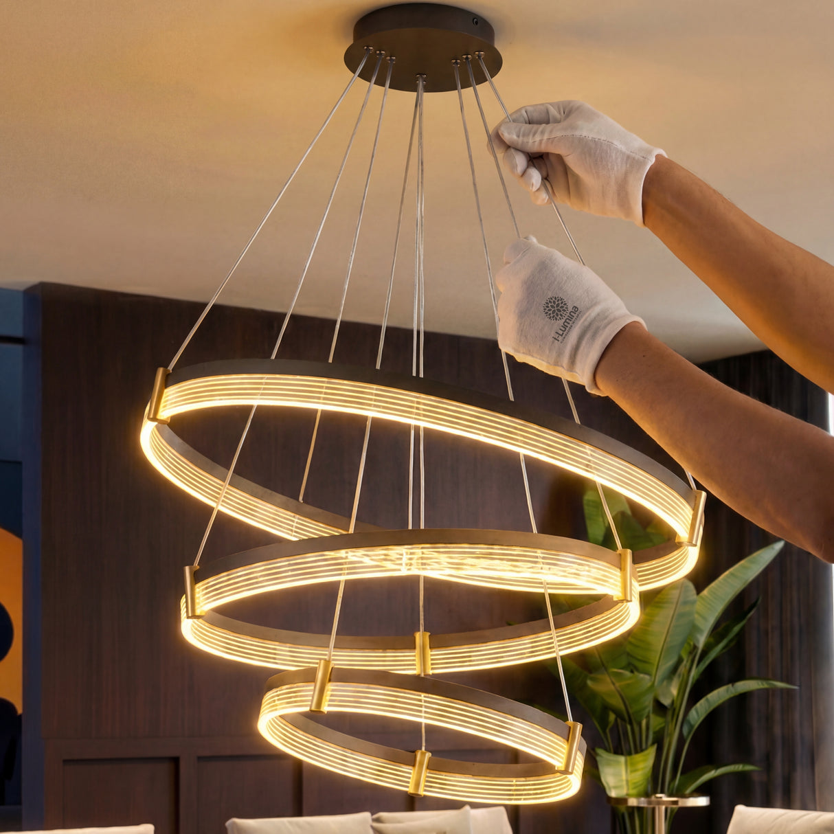 Configuración personalizada de la altura y posición de los anillos LED negros y dorados