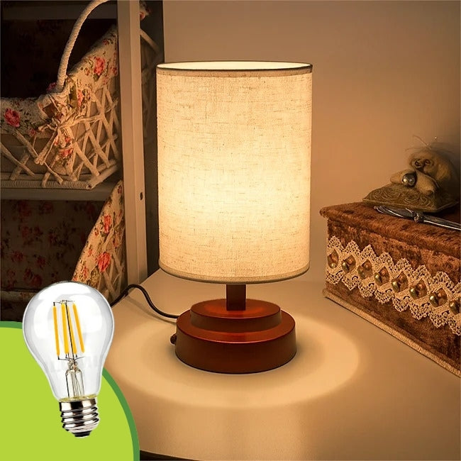LÁMPARA DE MESA LINEAL MAHIA BROWN + FOCO LED TRANSPARENTE A60 4W LUZ CÁLIDA