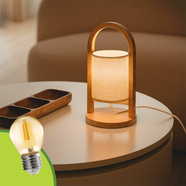 LÁMPARA DE MESA DE MADERA LANA + FOCO LED ÁMBAR G45 4W LUZ CÁLIDA