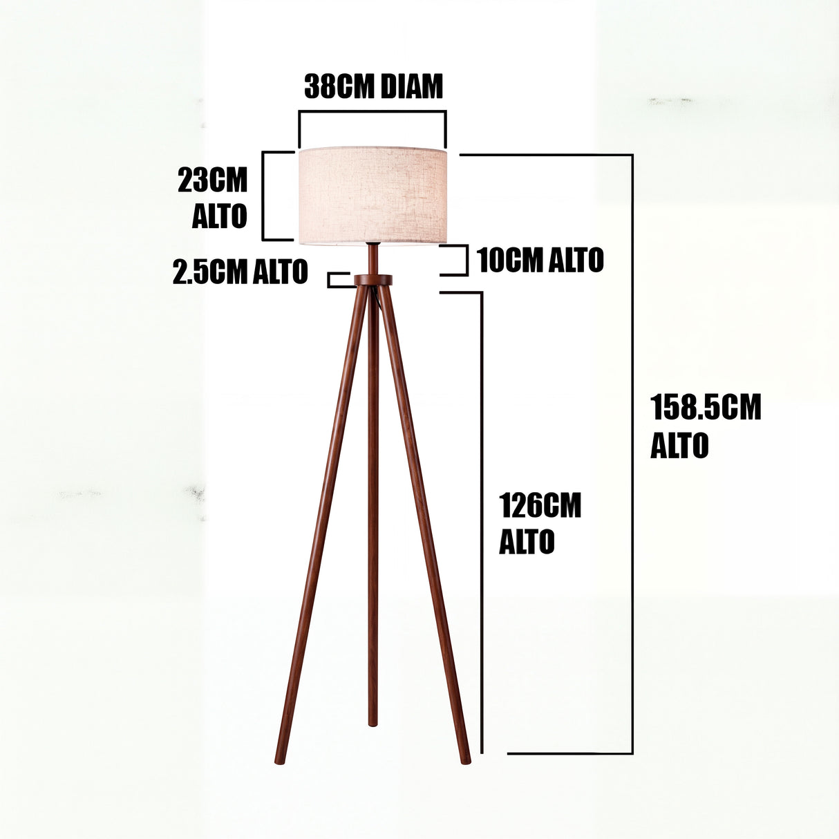 Infografía técnica de cotas con altura de 158.5cm para planificación de sistemas de iluminación.