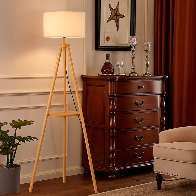 LÁMPARA DE PIE TRÍPODE NORUEGA NATURAL NORDIC SHELF CON REPISA - SIN FOCO