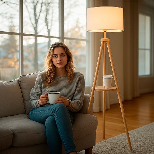 LÁMPARA DE PIE TRÍPODE NORUEGA NATURAL NORDIC SHELF CON REPISA - SIN FOCO