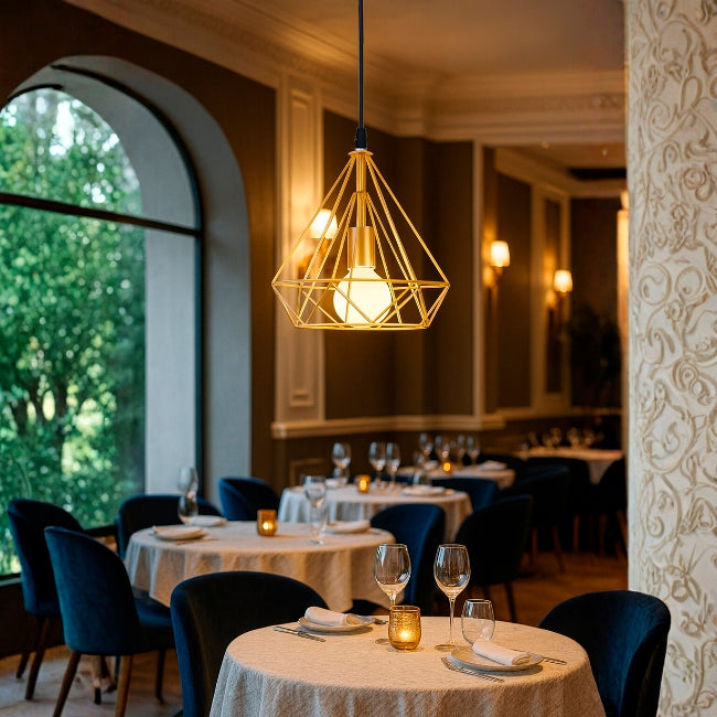 LÁMPARA COLGANTE TIPO JAULA DIAMOND GOLD - SIN FOCO