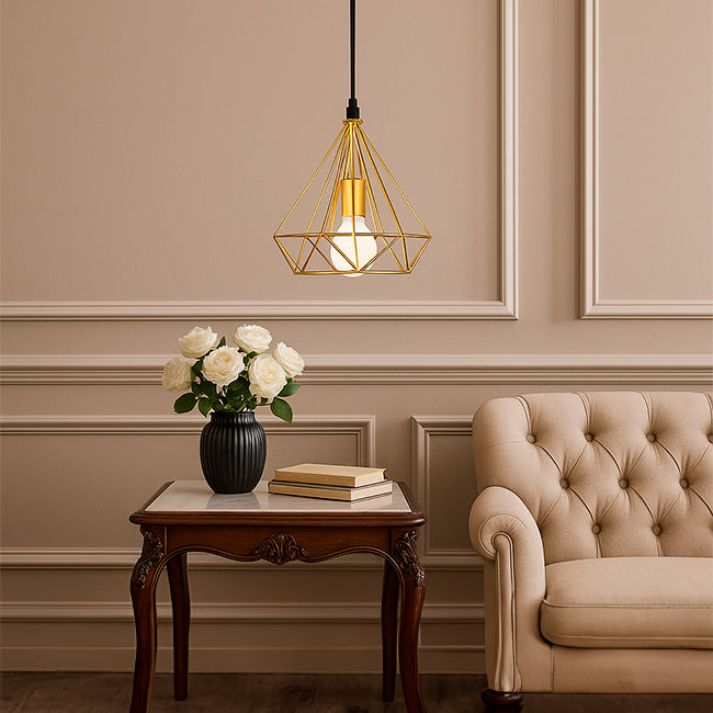 LÁMPARA COLGANTE TIPO JAULA DIAMOND GOLD - SIN FOCO