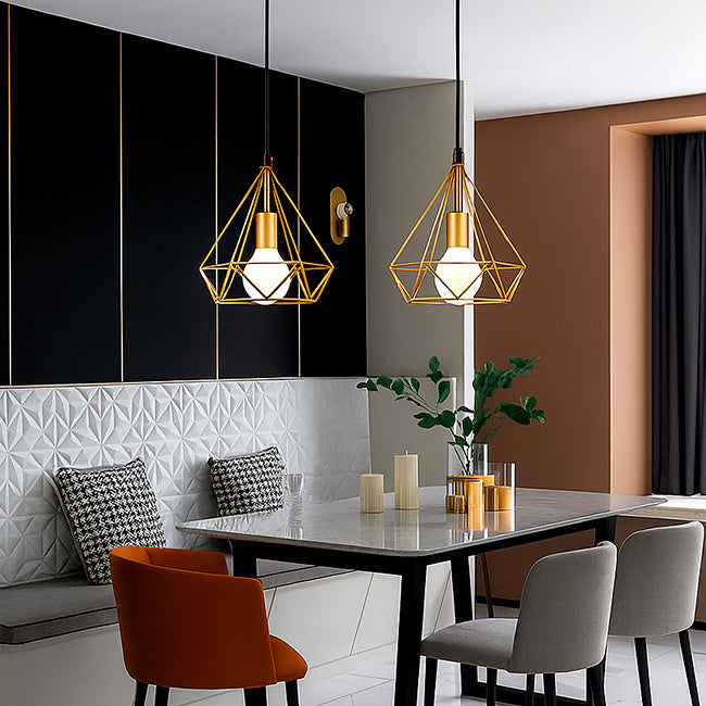 LÁMPARA COLGANTE TIPO JAULA DIAMOND GOLD - SIN FOCO