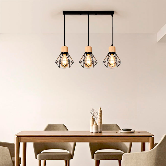 LÁMPARA COLGANTE TIPO JAULA TRIO MARINA BLACK AND WOOD + FOCO LED TIPO PERA A60 FILAMENTO TRANSP 4W 2700K LUZ CÁLIDA ILUMINA