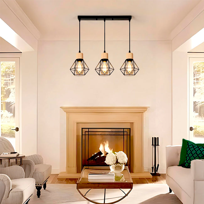 LÁMPARA COLGANTE TIPO JAULA TRIO MARINA BLACK AND WOOD + FOCO LED TIPO PERA A60 FILAMENTO TRANSP 4W 2700K LUZ CÁLIDA ILUMINA
