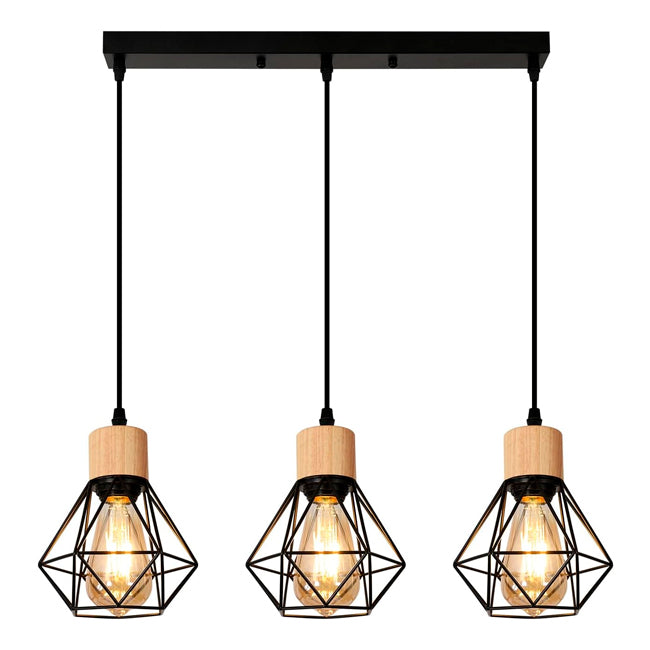 LÁMPARA COLGANTE TIPO JAULA TRIO MARINA BLACK AND WOOD + FOCO LED TIPO PERA A60 FILAMENTO TRANSP 4W 2700K LUZ CÁLIDA ILUMINA