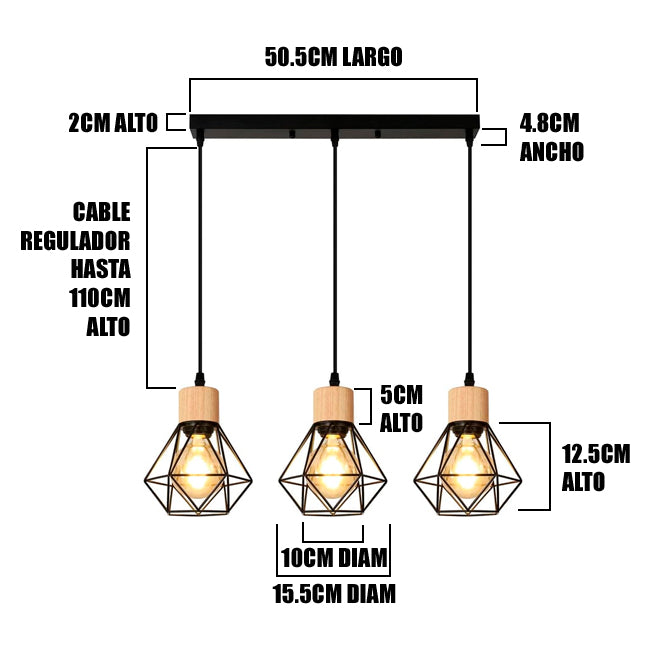 LÁMPARA COLGANTE TIPO JAULA TRIO MARINA BLACK AND WOOD + FOCO LED TIPO PERA A60 FILAMENTO TRANSP 4W 2700K LUZ CÁLIDA ILUMINA