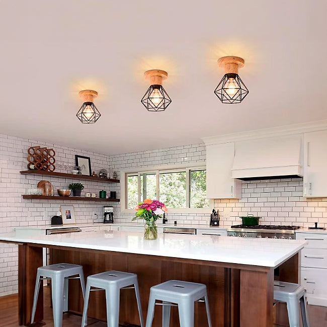 LÁMPARA DE TECHO TIPO JAULA MARINA BLACK AND WOOD - SIN FOCO