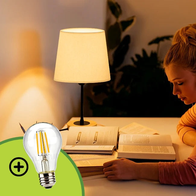LÁMPARA DE MESA LINEAL CINTHYA + FOCO LED TRANSPARENTE A60 4W LUZ CÁLIDA