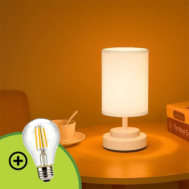 LÁMPARA DE MESA LINEAL ANGELA + FOCO LED TRANSPARENTE A60 4W LUZ CÁLIDA