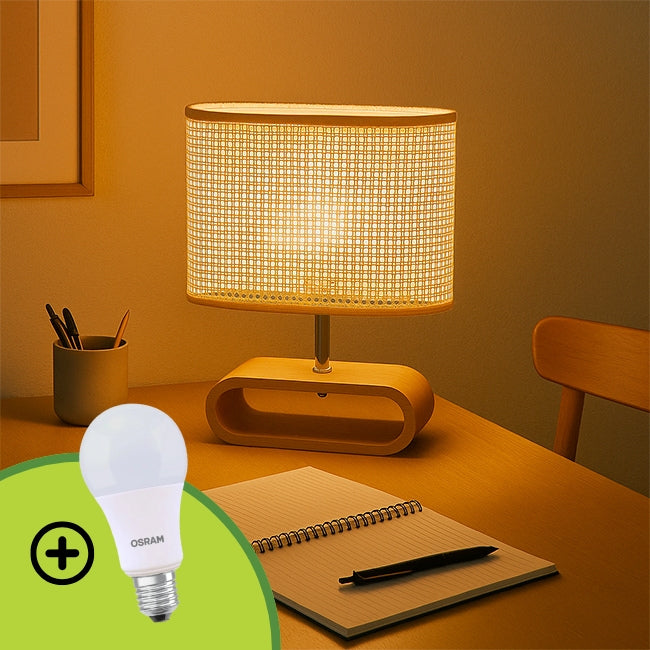 LÁMPARA DE MESA DE MADERA IRIS CABLE NEGRO + FOCO LED 12W LUZ CÁLIDA