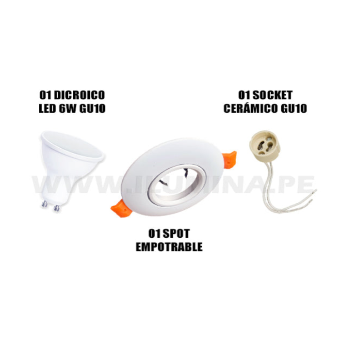 SET COMPLETO - SPOT EMPOTRABLE ICORP-2040WH CON DICROICO LED 6W LUZ BLANCA 6500K