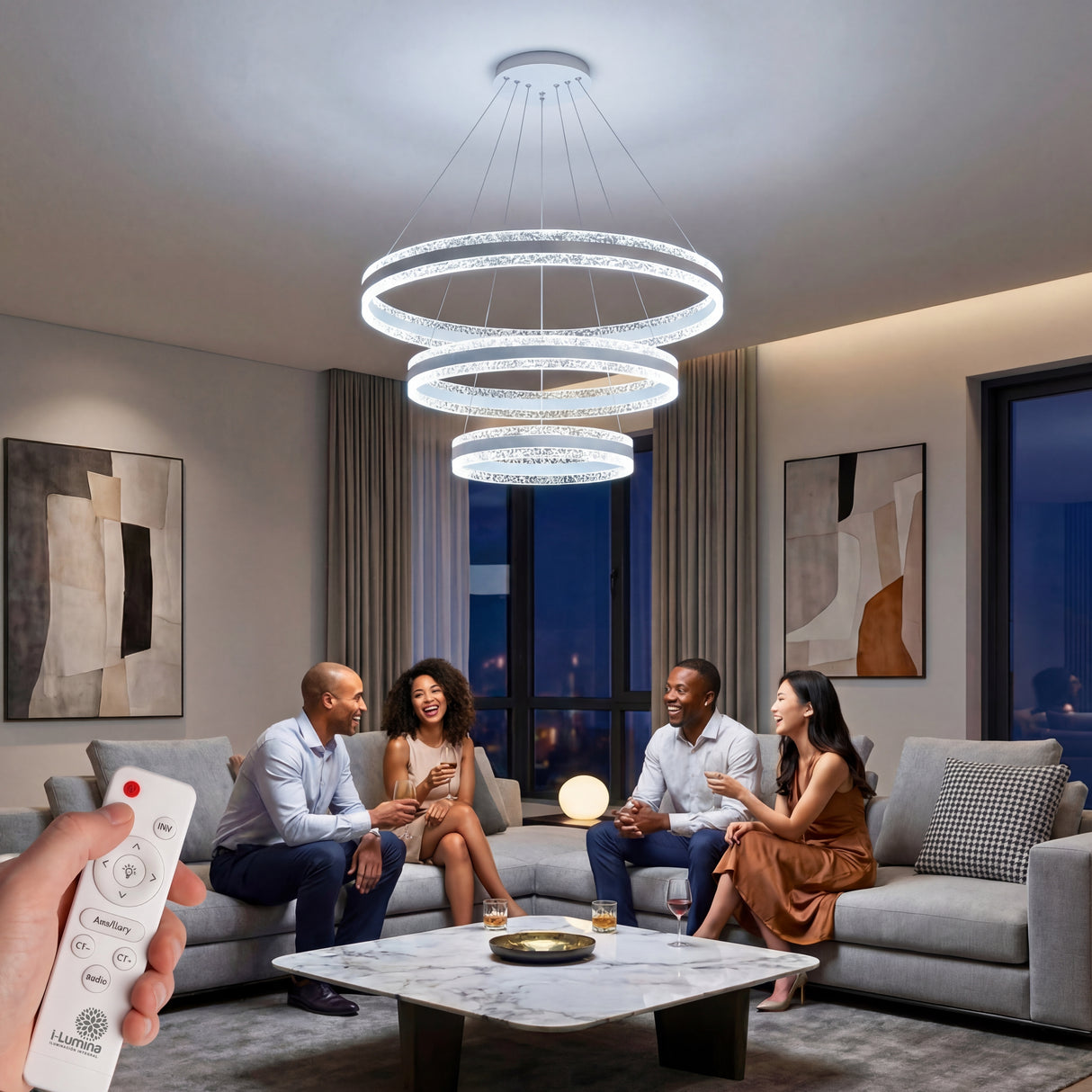 Iluminación decorativa LED para sala de estar con lámpara de anillos colgantes de cristal