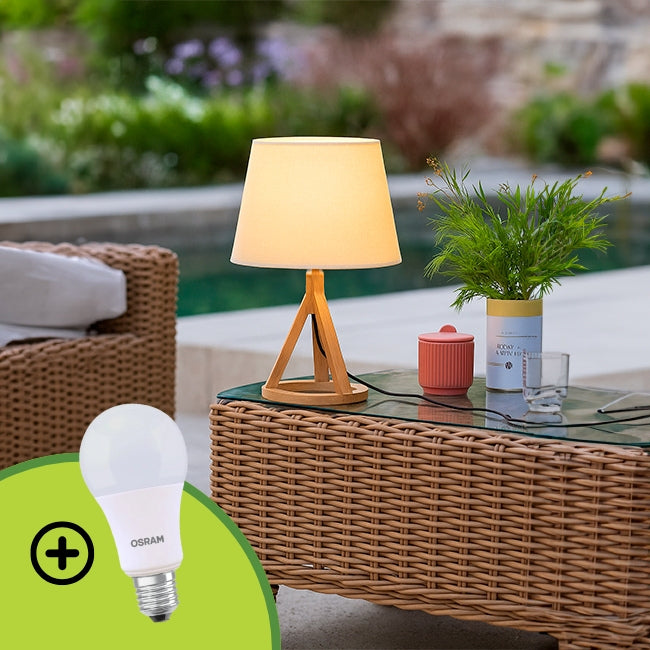 LÁMPARA DE MESA DE MADERA TRÍPODE MARINA + FOCO LED 12W LUZ CÁLIDA