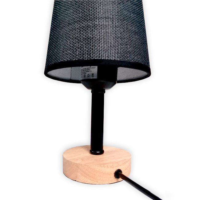 LÁMPARA DE MESA LINEAL XIMENA BLACK AND WOOD + FOCO LED TRANSPARENTE A60 4W LUZ CÁLIDA