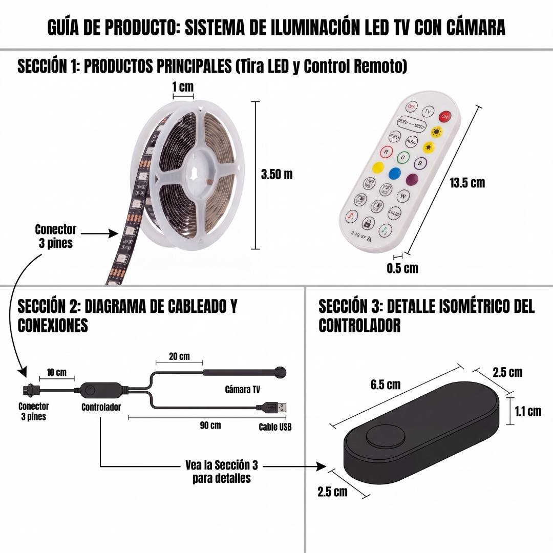 CINTA LED RGB USB 5V PARA TV 24-65 PULGADAS 3.5M CON CÁMARA + CONTROL REMOTO