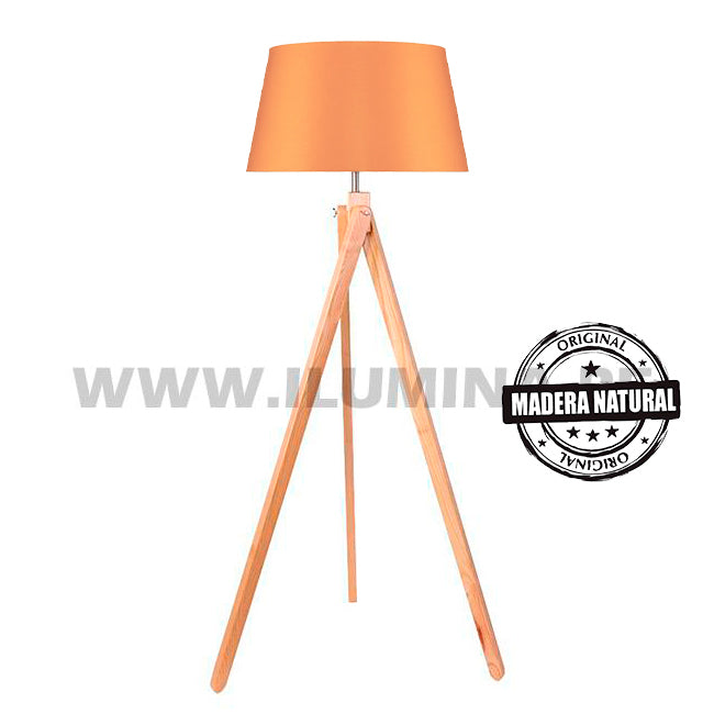 LÁMPARA DE PIE TRÍPODE DE MADERA NÓRDICA CARIDADE + PANTALLA DECORATIVA CÓNICA 45DIAM X 35DIAM X 25ALT HUACHA IMPORTADA COLOR  ANARANJADO