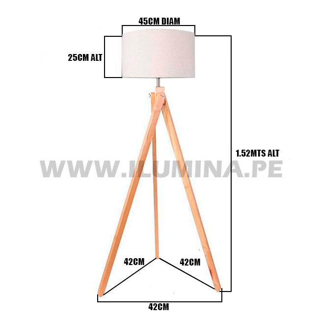 LÁMPARA DE PIE TRÍPODE DE MADERA NÓRDICA CARIDADE  + PANTALLA DECORATIVA PARA LÁMPARA 45DIAM 25ALT TOCUYO HUACHA IMPORTADA