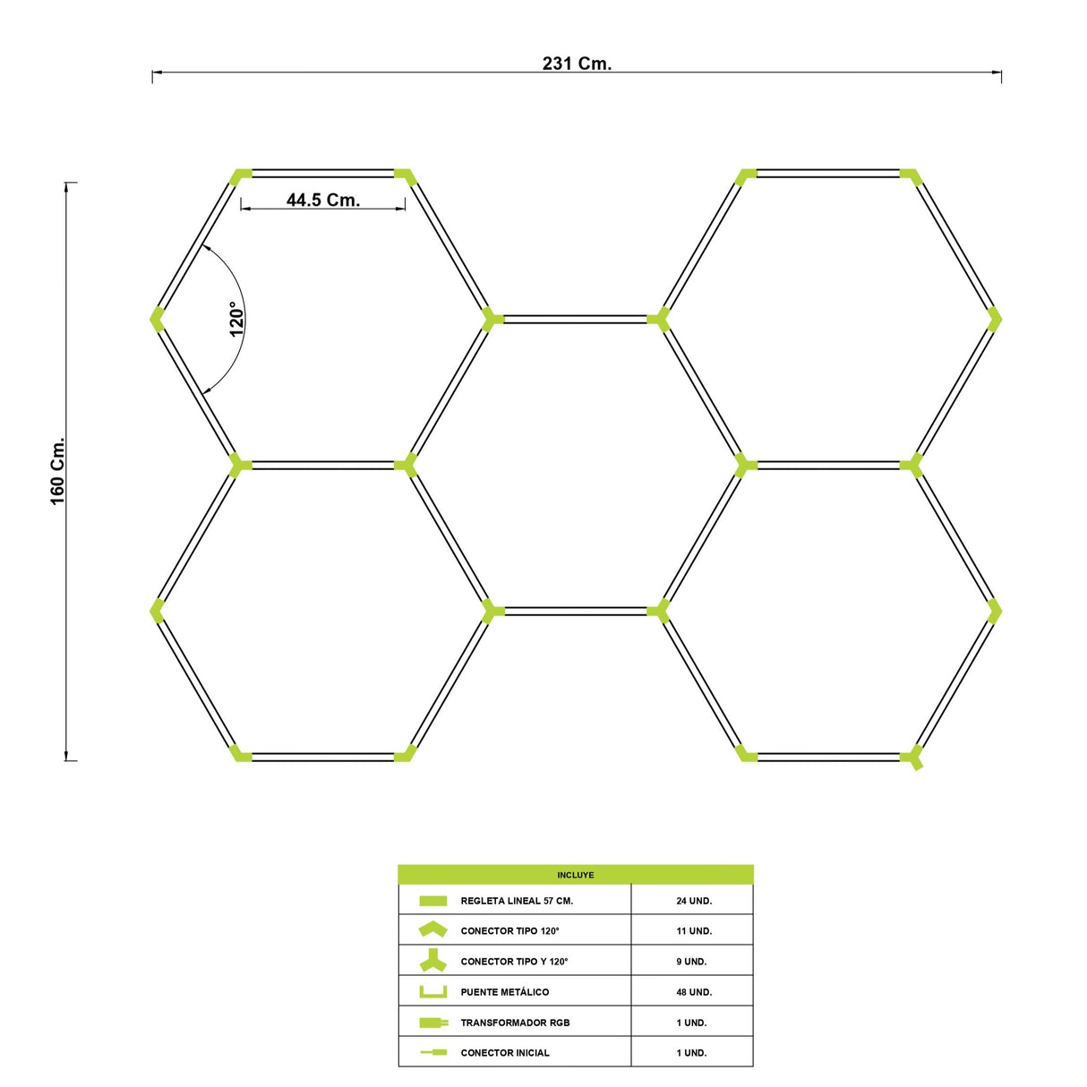 LÁMPARA HEXAGONAL LED ADOSABLE A TECHO/PARED TIPO PANAL "H" - KIT COMPLETO 05 HEXAGONALES (44.5 CM) LUZ RGB