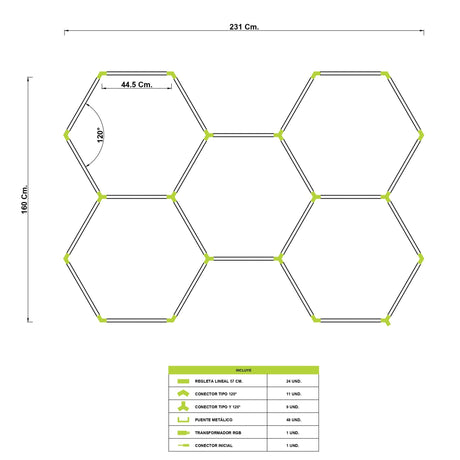 LÁMPARA HEXAGONAL LED ADOSABLE A TECHO/PARED TIPO PANAL "H" - KIT COMPLETO 05 HEXAGONALES (44.5 CM) LUZ RGB