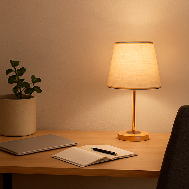 LÁMPARA DE MESA LINEAL FARITZA GOLD + FOCO LED 12W LUZ CÁLIDA