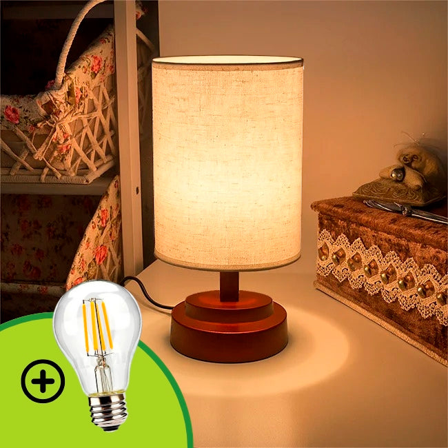 LÁMPARA DE MESA LINEAL MAHIA BROWN + FOCO LED TRANSPARENTE A60 4W LUZ CÁLIDA
