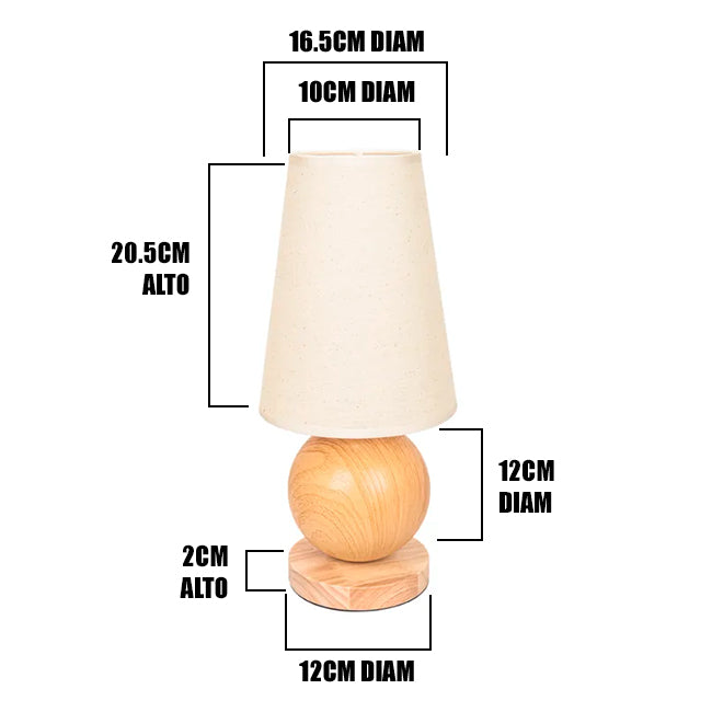 LÁMPARA DE MESA DE MADERA ROCIO + FOCO LED 12W LUZ CÁLIDA