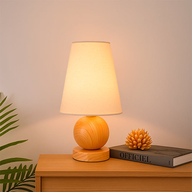 LÁMPARA DE MESA DE MADERA ROCIO + FOCO LED 12W LUZ CÁLIDA