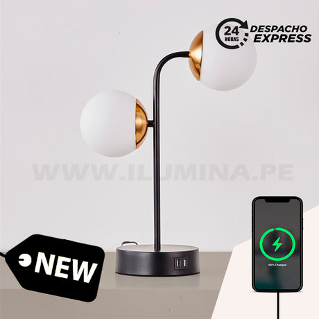 LÁMPARA DE MESA BRUNELLA BLACK AND GOLD LED + CARGADOR USB PARA IPHONE Y ANDROID