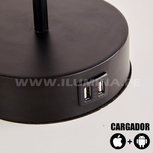 LÁMPARA DE MESA BRUNELLA BLACK AND GOLD LED + CARGADOR USB PARA IPHONE Y ANDROID + FOCO LED 12W LUZ CÁLIDA