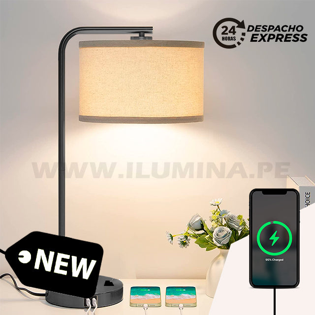 LÁMPARA DE MESA MARTINA BLACK LED + CARGADOR USB PARA IPHONE Y ANDROID + FOCO LED 12W LUZ CÁLIDA